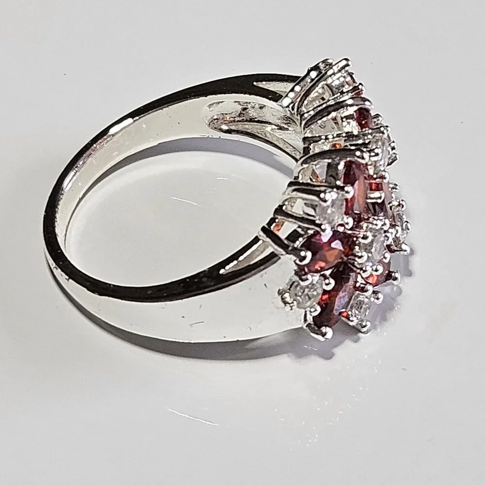 Sterling Silver Orange & Clear Rhinestone Flower Ring Sz 7.5